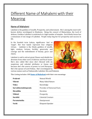 Different Name of Mahalxmi with their Meaning