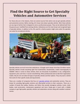 Find the Right Source to Get Specialty Vehicles and Automotive Services