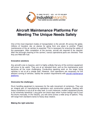 Aircraft Maintenance Platforms For Meeting The Unique Needs Safely