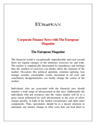 Corporate Finance News with The European Magazine