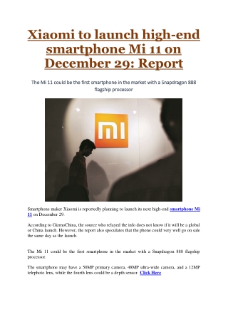 Xiaomi to launch high-end smartphone Mi 11 on December 29: Report