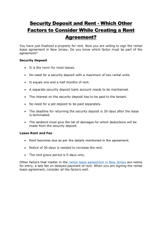 Security Deposit and Rent - Which Other Factors to Consider While Creating a Rent Agreement?