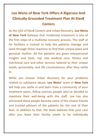 Lee Weiss of New York Offers A Rigorous And Clinically Grounded Treatment Plan At Elev8 Centers