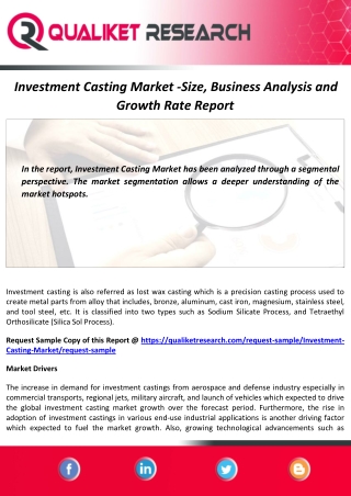 Investment Casting Market Size, Share, Growth and Forecast Report to 2027
