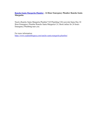 Rancho Santa Margarita Plumber - 24 Hour Emergency Plumber Rancho Santa Margarita