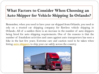 What Factors to Consider When Choosing an Auto Shipper for Vehicle Shipping In Orlando?