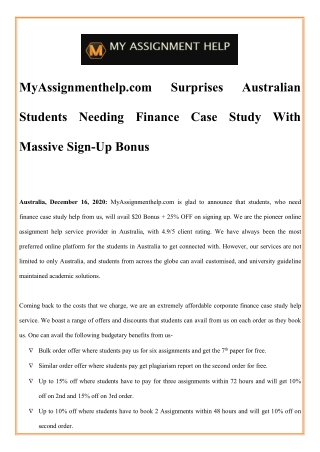 MyAssignmenthelp.com Surprises Australian Students Needing Finance Case Study With Massive Sign-Up Bonus