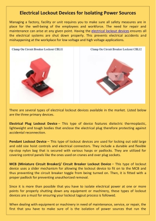 Electrical Lockout Devices for Isolating Power Sources