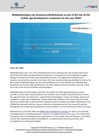Biz4Solutions as one of the top 10 Full mobile app development companies for the year 2020!