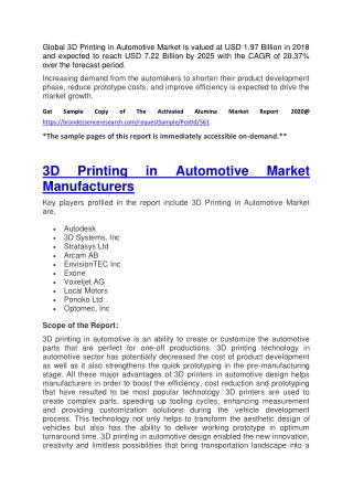 US 3D Printing in Automotive Market 2020: Potential Growth, Challenges 2025