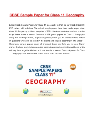 CBSE Sample Papers Class 11 Geography PDF Solutions Download