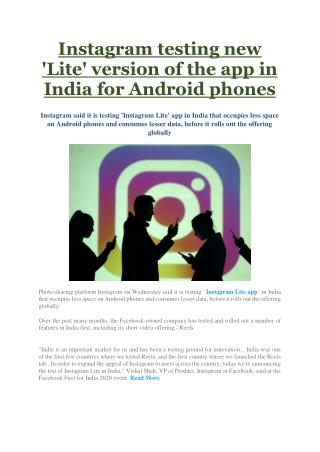 Instagram testing new 'Lite' version of the app in India for Android phones