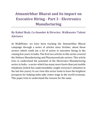 Atmanirbhar Bharat and its impact on Executive Hiring - Part 3 - Electronics Manufacturing