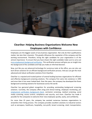 ClearStar- Helping Business Organizations Welcome New Employees with Confidence