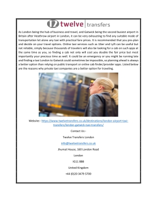 London To Gatwick Taxi | Twelvetransfers.co.uk