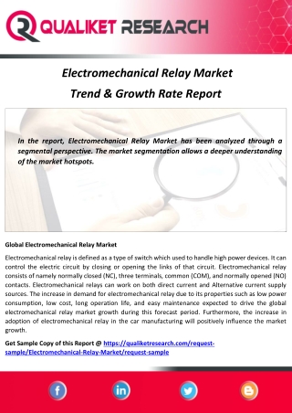 Global Electromechanical Relay Market Technology Development, Size, Share, Forecast & Future Trend Till 2027