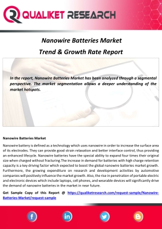 Global Nanowire Batteries Market Growth Outlook and Evolving Technology 2020 to 2027