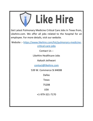 Latest Pulmonary Medicine Critical Care Jobs in Texas | Likehire.com