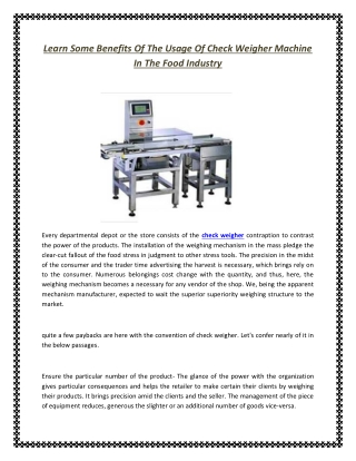 Learn Some Benefits Of The Usage Of Check Weigher Machine In The Food Industry