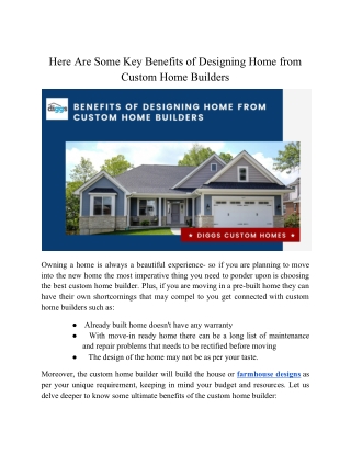 Here Are Some Key Benefits of Designing Home from Custom Home Builders