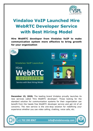 Vindaloo VoIP Launched Hire WebRTC Developer Service with Best Hiring Model