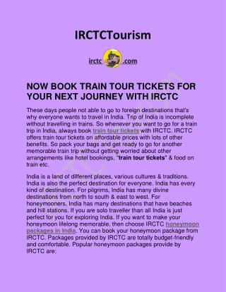 NOW BOOK TRAIN TOUR TICKETS FOR YOUR NEXT JOURNEY WITH IRCTC