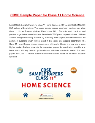 CBSE Sample Papers Class 11 Home Science PDF Solutions Download