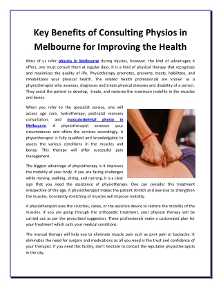 Key Benefits of Consulting Physios in Melbourne for Improving the Health