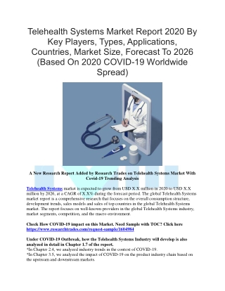 Telehealth Systems Market Report 2020 By Key Players, Types, Applications, Countries
