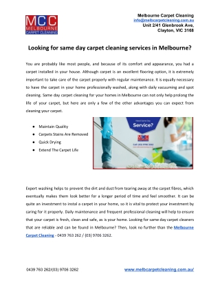 Looking for same day carpet cleaning services in Melbourne?