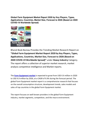 Global Farm Equipment Market Report 2020: by Key Players and Research Report 2026