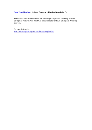 Dana Point Plumber - 24 Hour Emergency Plumber Dana Point CA