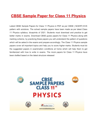 CBSE Sample Papers Class 11 Physics PDF Solutions Download