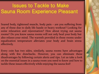 Issues to Tackle to Make Sauna Room Experience Pleasant