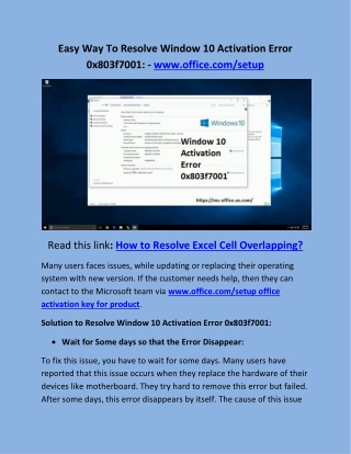 How Easy Way To Resolve Window 10 Activation Error 0x803f7001: - www.office.com/setup