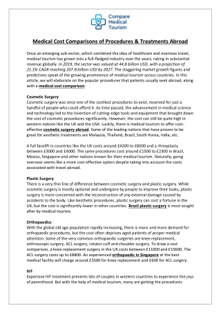 Medical Cost Comparisons of Procedures & Treatments Abroad