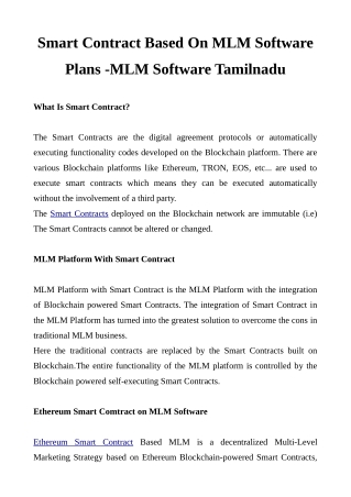 Smart Contract Based On MLM Software Plans -MLM Software Tamilnadu