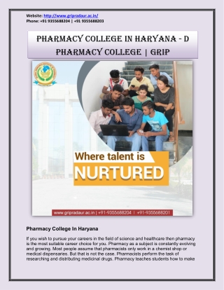 Pharmacy College in Haryana - D Pharmacy College | GRIP