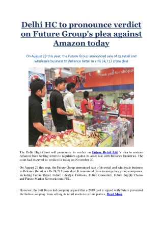 Delhi HC to pronounce verdict on Future Group's plea against Amazon today