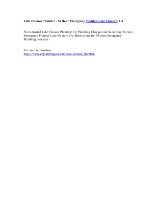 Lake Elsinore Plumber - 24 Hour Emergency Plumber Lake Elsinore, CA
