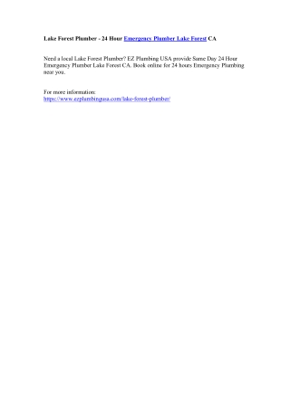Lake Forest Plumber - 24 Hour Emergency Plumber Lake Forest CA