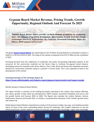 Gypsum Board Market 2025 Report by Rising Demand, Future Scope, Market Status