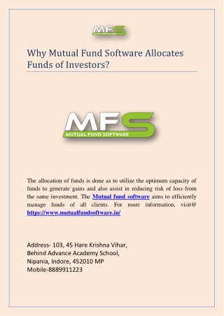 Why Mutual Fund Software Allocates Funds of Investors?