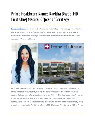 Prime Healthcare Names Kavitha Bhatia, MD First Chief Medical Officer of Strategy