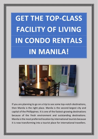 Get the Top-Class Facility of Living in Condo Rentals in Manila!