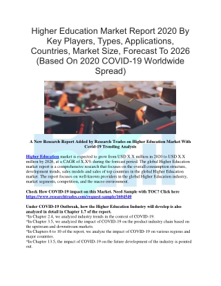 Higher Education Market Report 2020 By Key Players, Types, Applications, Countries, Market Size, Forecast To 2026