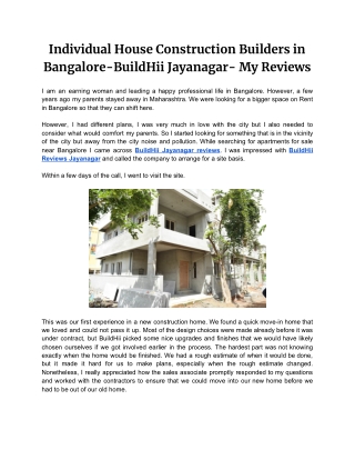 Individual House Construction Builders in Bangalore-BuildHii Jayanagar- My Reviews