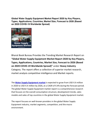 Global Water Supply Equipment Market Report 2020 Forecast: 2026