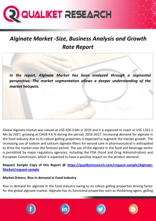 Alginate Market Size, Share, Scope, Analysis and Forecast Report to 2027