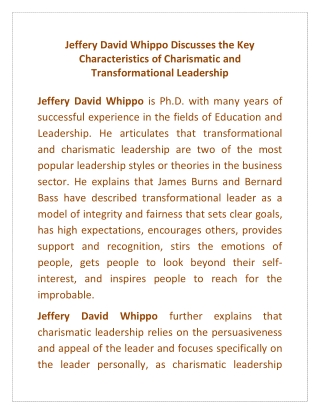 Jeffery David Whippo Discusses the Key Characteristics of Charismatic and Transformational Leadership